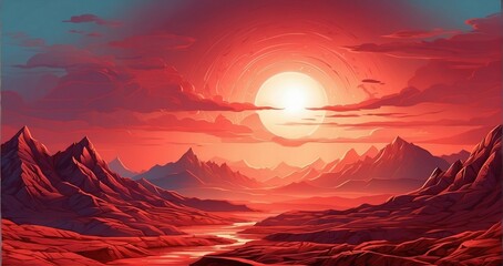 In the depths of the desert, the last energy of the red sun, illuminating the mountain range in the desert in shades of red. Illustration, -Generative Ai