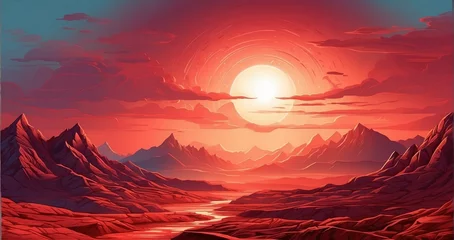 Foto op Canvas In the depths of the desert, the last energy of the red sun, illuminating the mountain range in the desert in shades of red. Illustration, -Generative Ai © Zia Ur