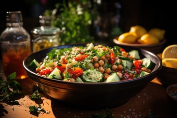 Chickpea salad with fresh vegetables in a metal bowl in a vintage kitchen., generative IA