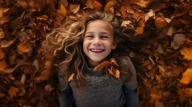 A young girl with long hair smiling in a pile of freshly raked leaves. The season is autumn.