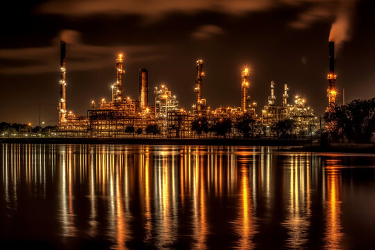 Oil refinery plant. Processing factory. Oil crude and gas refineries. Louisiana petrochemical plant Smoking chimneys. Toxic Smoke, Air Pollution, CO2 Crisis. Carbon dioxide emissions. Carbide plant.