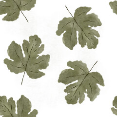 Hand drawn fig leaves pattern. Oil painting. Green leaves seamless pattern - 696095414