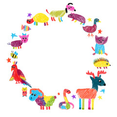 Round frame of hand-drawn animals. White background. Sheep, dog, cat, pig, hedgehog, capybara.