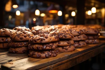 Gordijnen Almond brownie in a rustic bakery with worn wood tables., generative IA © Gabriel
