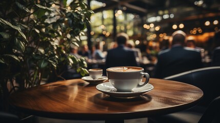 Cup of coffee on a wooden table. Full coffee shop in the background.