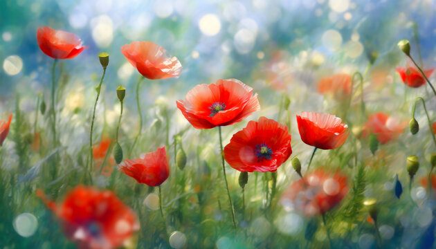 Kwiaty polne, czerwone maki, letnia polana, efekt bokeh