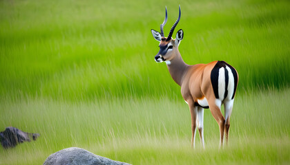 Antelope standing on rock among grass