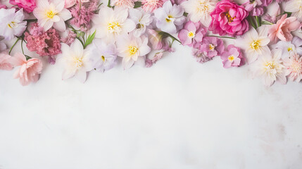 Flat lay of spring flowers on white background with copy space