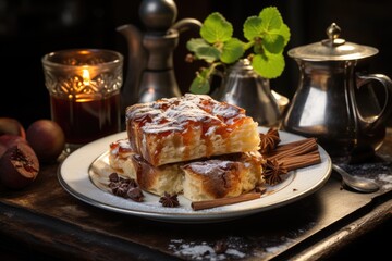 Apple brownie with cinnamon in a coffee with vintage decoration, with marble tables., generative IA