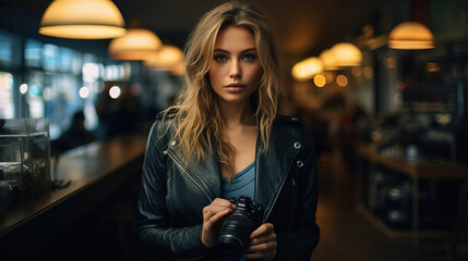 Young beautiful woman photographer holding professional camera photo - obrazy, fototapety, plakaty