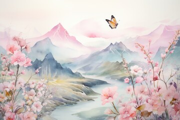watercolor wallpaper mountains, sakura flowers. background. Nature, pastel colors. Japanese style - obrazy, fototapety, plakaty