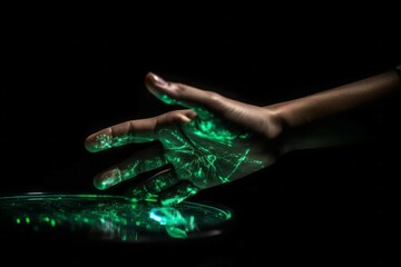 Green hologram of human hand on dark background. Futuristic visionary verdant human palm. Generate ai