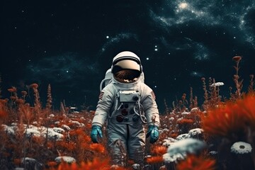 Woman astronaut dressed in a spacesuit stands along a moonlit field - obrazy, fototapety, plakaty