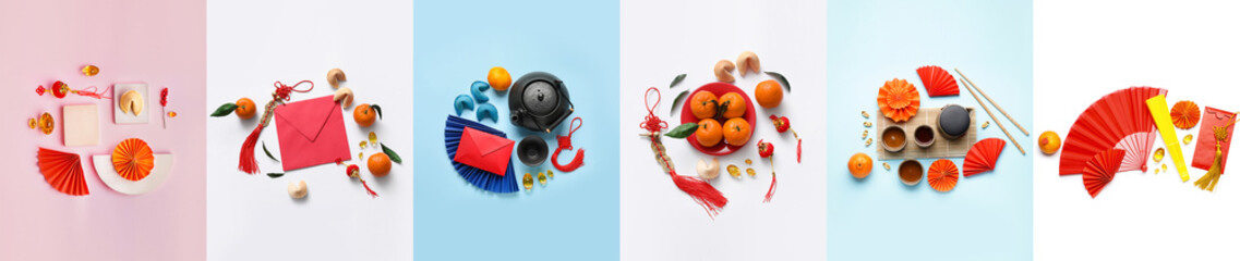 Set of Chinese symbols and decorations on color background. New Year celebration