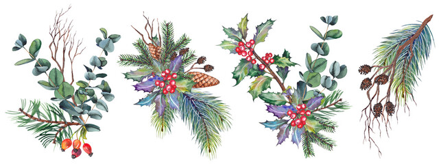 Christmas bouquets with green fir branches, eucalyptus and red holly berries. Isolated watercolor illustration.