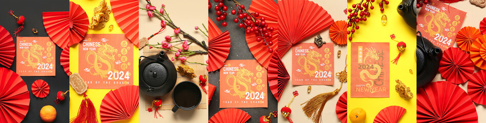 Collage of Chinese symbols with tea and greetings cards for New Year 2024 celebration on color...