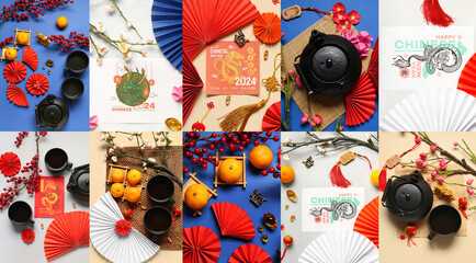 Set of Chinese symbols with tea and greetings cards for New Year 2024 celebration on color...