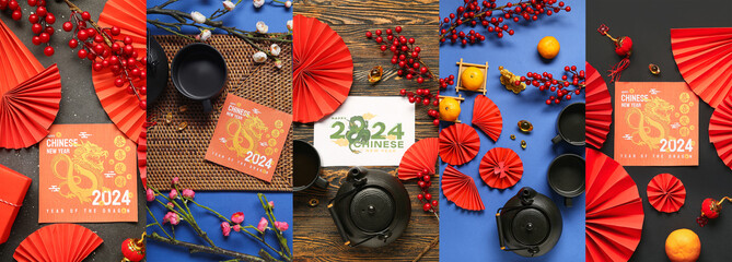 Collection of Chinese symbols with tea and greetings cards for New Year 2024 celebration on color background