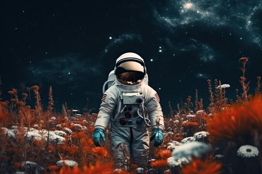 Woman astronaut dressed in a spacesuit stands along a moonlit field