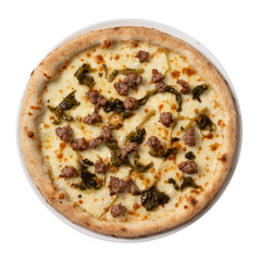 top view pizza with sausage and broccoli. isolated white background