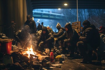 Group of homeless people warming themselves by a fire, winter underpass at night. - obrazy, fototapety, plakaty