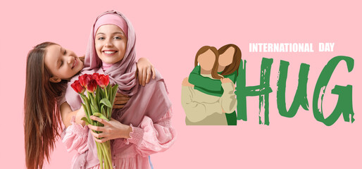 Portrait of hugging little girl and her Muslim mother on pink background. National Hugging Day
