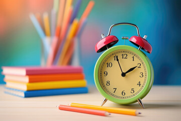 alarm clock and a stack of books on the table, stationery, teachers day, return to school
