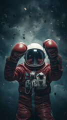 astronaut floating in space wearing boxing gloves