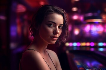Female spectator on illuminated games club interior. Stylish gambling woman viewer betting game. Generate ai
