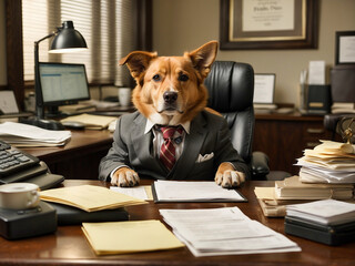 a humorous portrayal of a dog dressed as a professional, sitting behind a desk in an office setting, surrounded by papers and office equipment, giving the appearance of a diligent worker or a business - obrazy, fototapety, plakaty