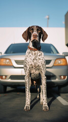 German Shorthaired Pointer by a car