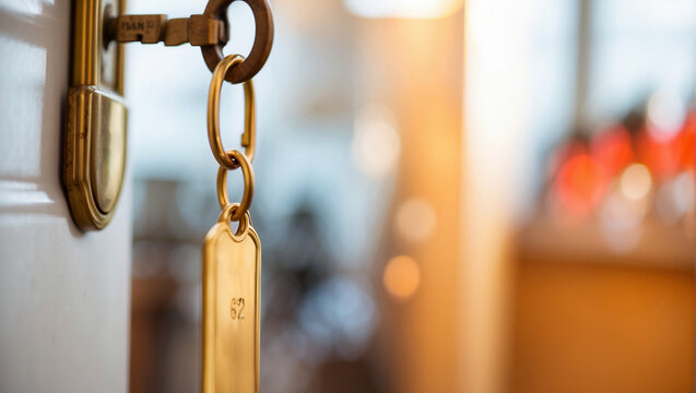 A close-up of a hotel room key hanging in a lock, with a blurred warm background suggesting a cozy hospitality setting