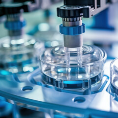 A detailed image of a robotic mechanism interacting with a petri dish, indicative of automated laboratory experiments or high-precision chemical analysis.