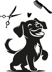 Vector happy dog grooming associated illustration with hand-drawn heart, scissors, and hair brush around ideal for wall decal and window cling. Best choice for storefront stickers and logo creation.