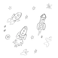 Doodle rockets cartoon art.  Like kids colorful crayon, pastel, chalk or pencil stroke. Colorful hand drawn doodle shape set on white background. Vector illustration. 