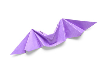 Purple origami bat on white background