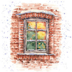 Winter snowy window with cozy light and Christmas tree. Watercolor hand painted illustration.