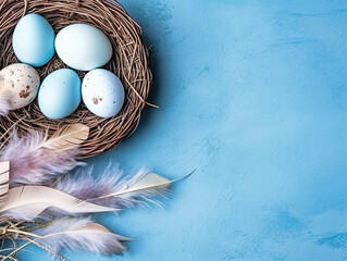 Easter eggs of feathers in a nest on a blue background