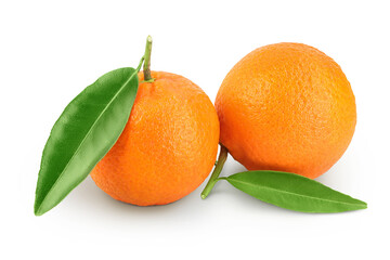 Tangerine or clementine with green leaf isolated on white background with full depth of field.