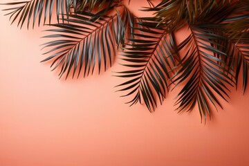 Fototapeta na wymiar Tropical palm leaves on a solid coral background, modern floral design.