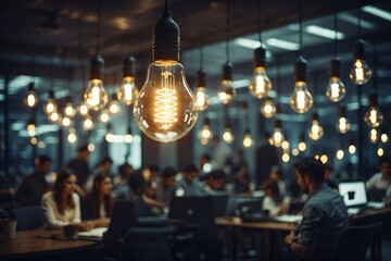 gleaming lightbulbs illuminating team synergy, collaboration, workplace efficiency