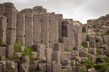 Detail of hexagonal stones or pillars at Giants causeway in northern ireland, majestic basalt...