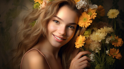 Naklejka premium Portrait of attractive cheerful girl holding flowers