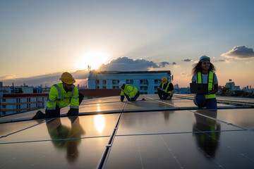 Engineer service check installation solar cell on the roof of factory. Engineers walking on roof...