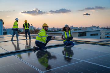 Technician working on ecological solar farm. Renewable clean energy technology concept. Specialist...