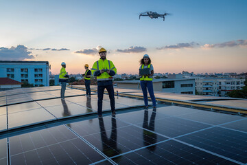Technician working on ecological solar farm. Renewable clean energy technology concept. Specialist engineer control drone checking top view of installing solar roof panel on the factory rooftop - obrazy, fototapety, plakaty