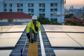 Technician working on ecological solar farm. Renewable clean energy technology concept. Specialist engineer control drone checking top view of installing solar roof panel on the factory rooftop - obrazy, fototapety, plakaty