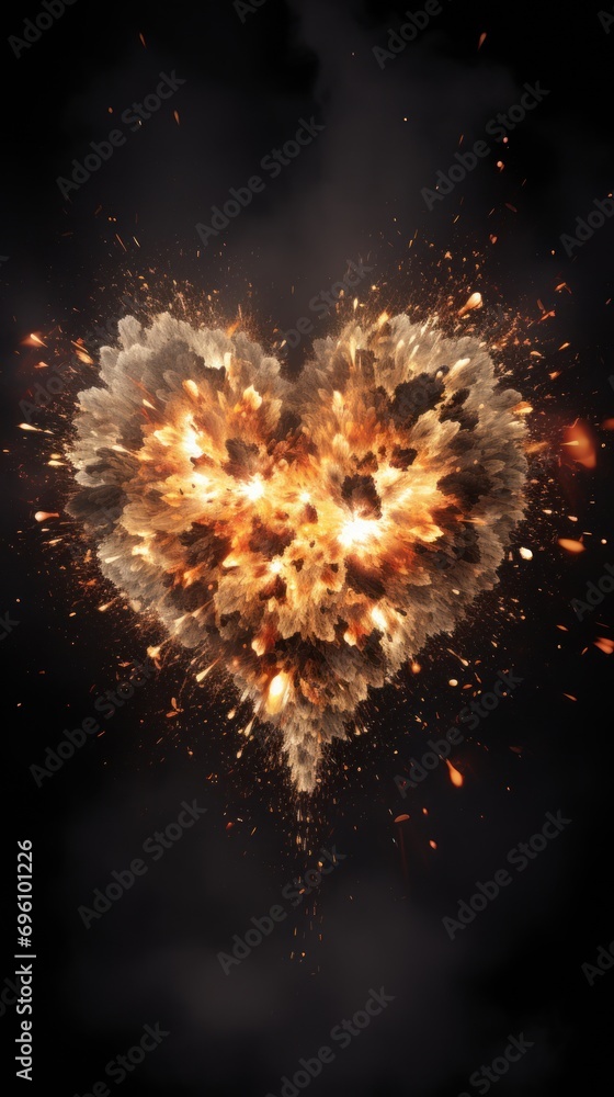 Poster unhappy love portrayed through a dynamic exploding heart on a black background, an abstract represen