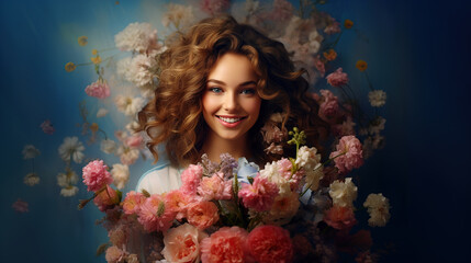 Obraz na płótnie Canvas Portrait of attractive cheerful girl holding flowers