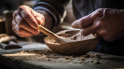 Precision in action: close-up of a woodworker's hands crafting a wooden product, capturing the essence of carpentry expertise.